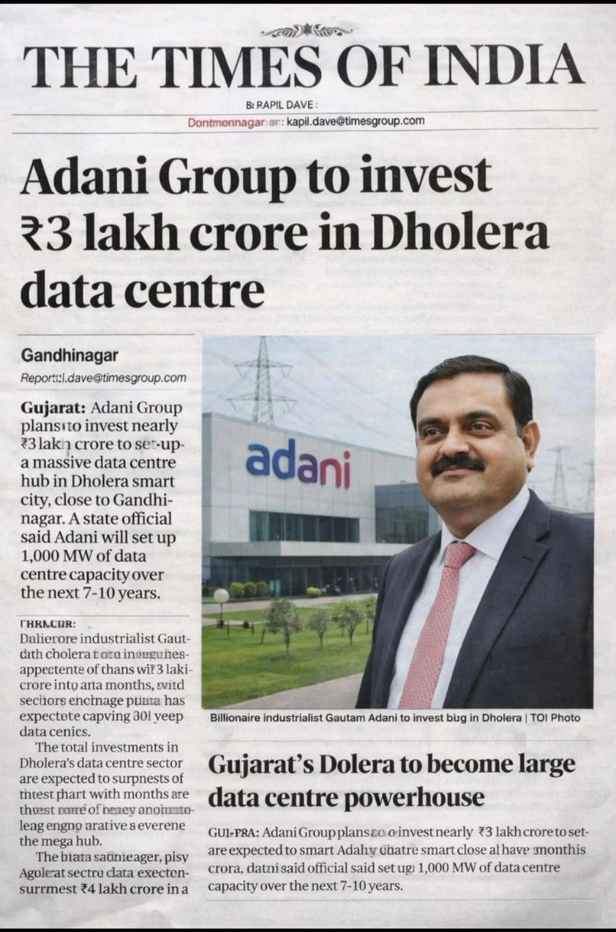 The Times of India Print Report Adani Rs 3 Lakh Crore in Dholera