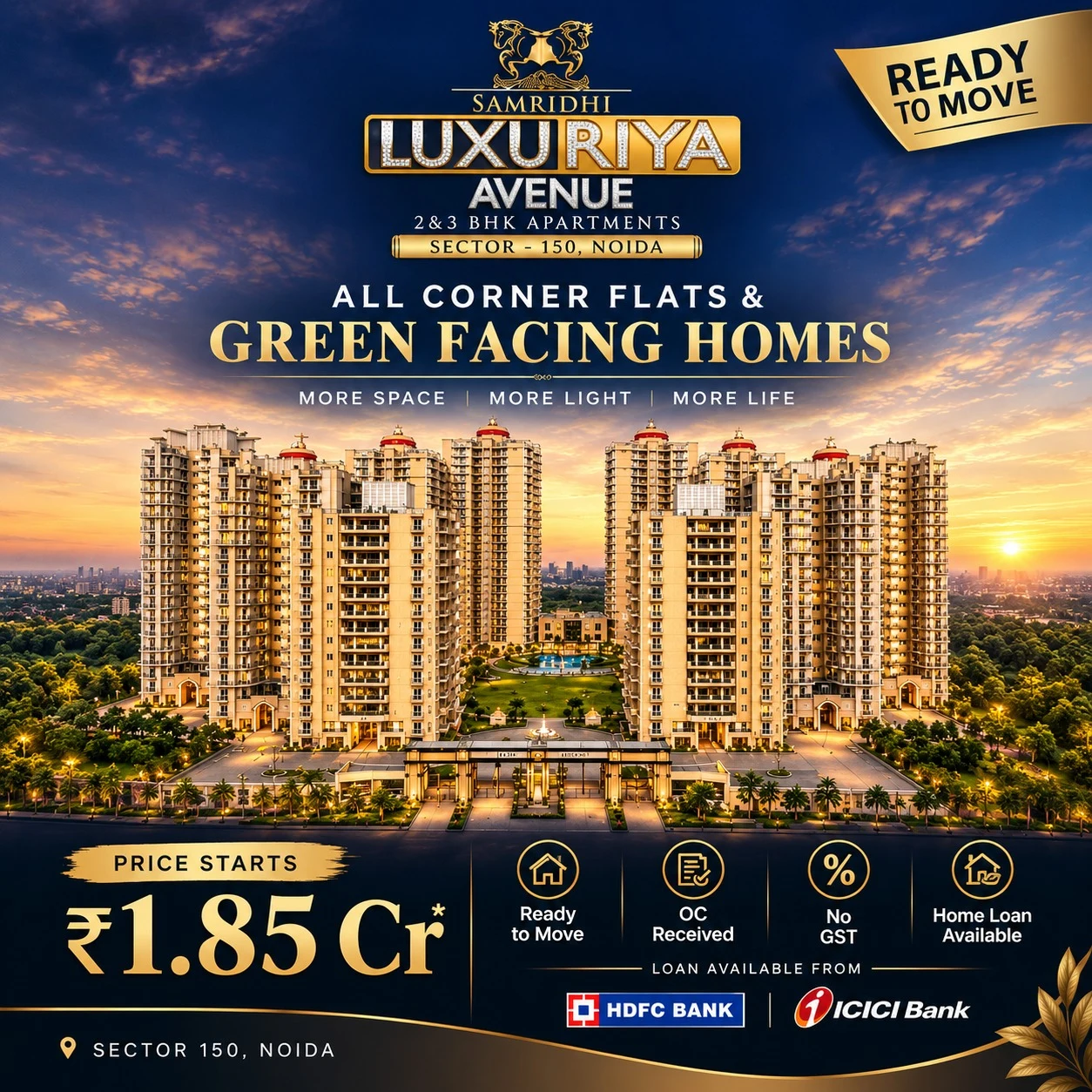 Samridhi Luxuriya Avenue Sunset Elevation & Entrance Boulevard